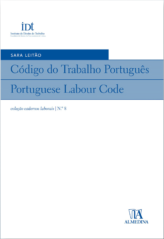 Capa do livro intitulado «Código do Trabalho Português / Portuguese Labour Code», de Sara Leitão, publicado pela Almedina, com um design minimalista em branco e azul.
